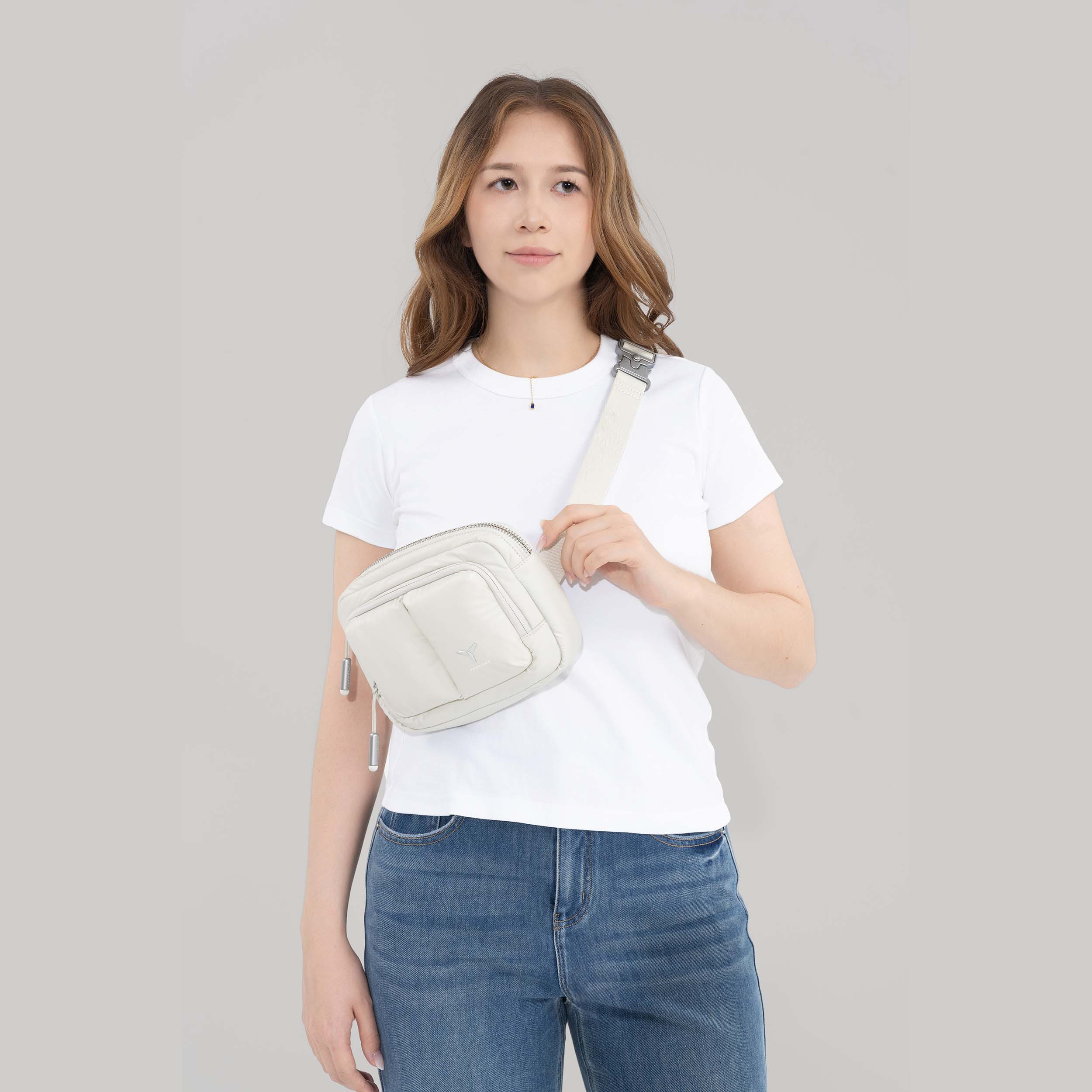 Tesport Cloud Crossbody Belt Bag in White female model posing