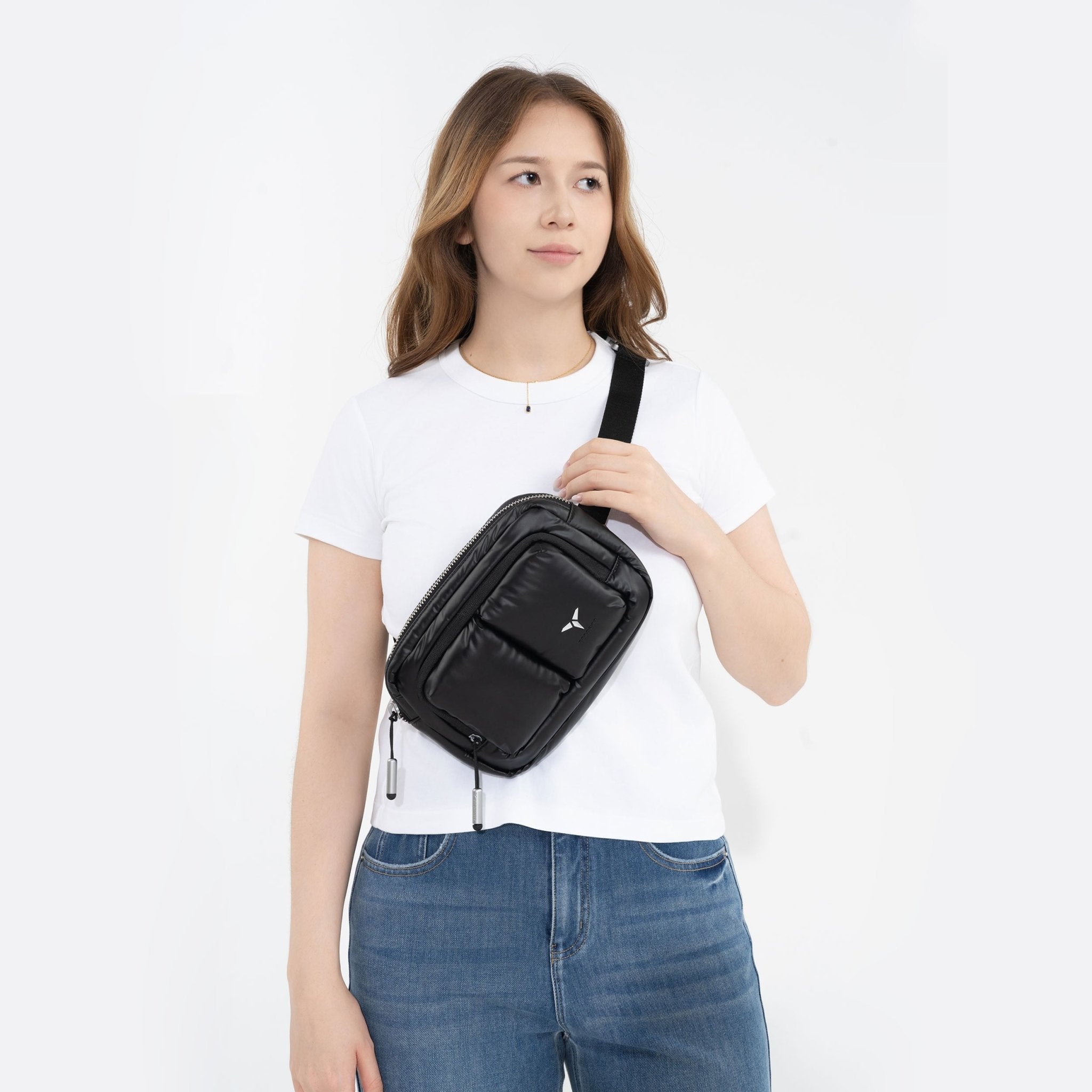 Tesport Cloud Crossbody Belt Bag in Black with female model