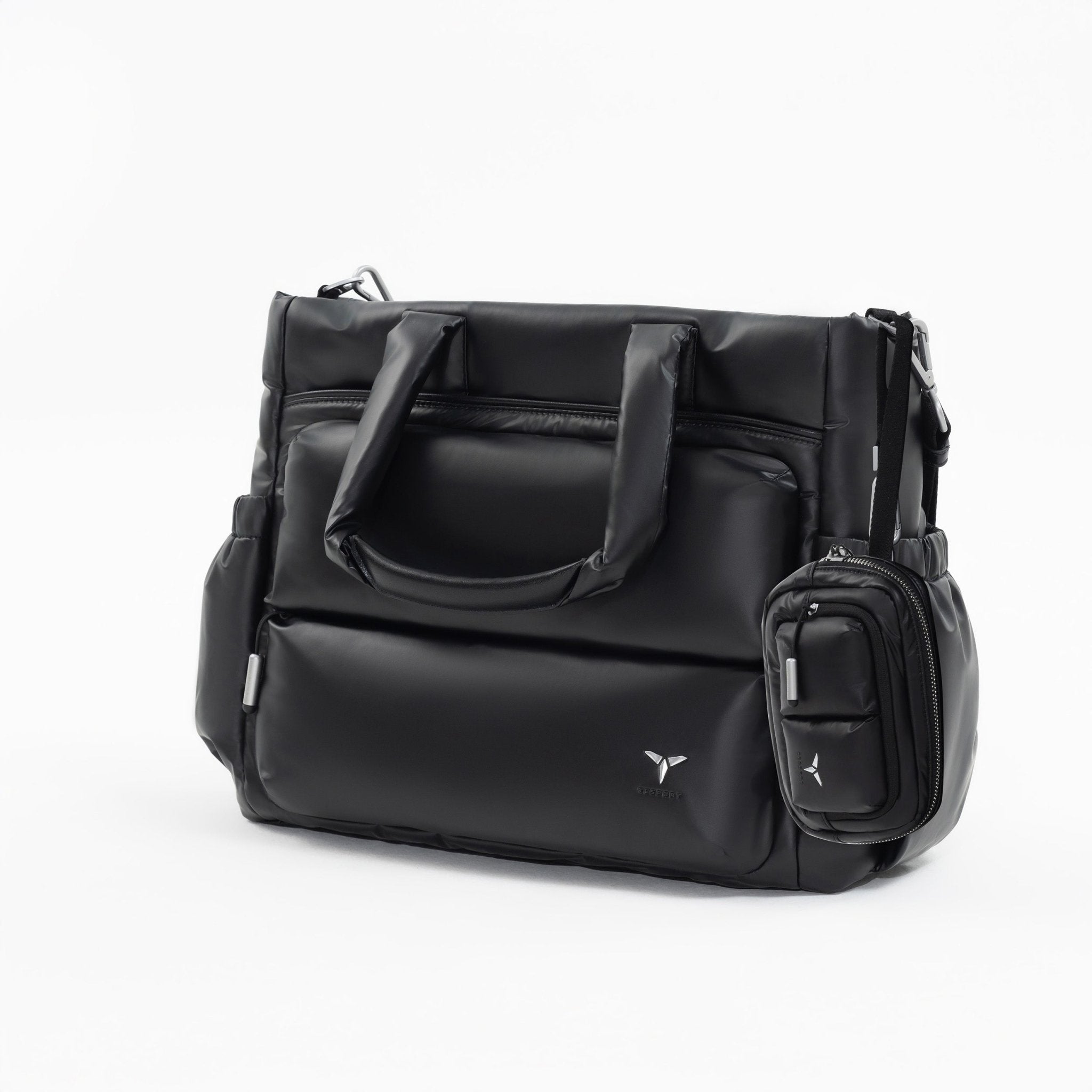 Tesport Cloud Tote in Black angled view with accessories