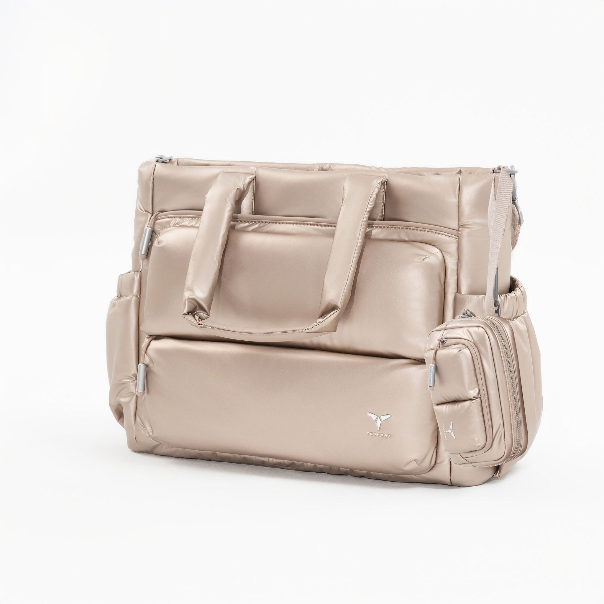 Tesport Cloud Tote in Champagne angled view with accessories