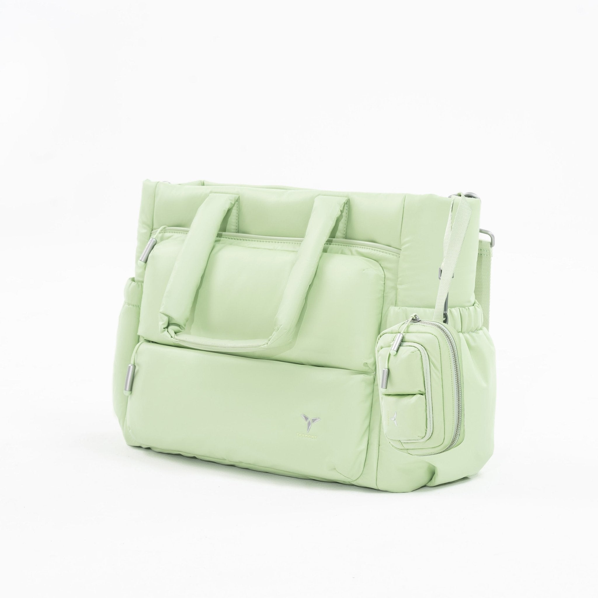 Tesport Cloud Tote in Apple Green angled view with accessories