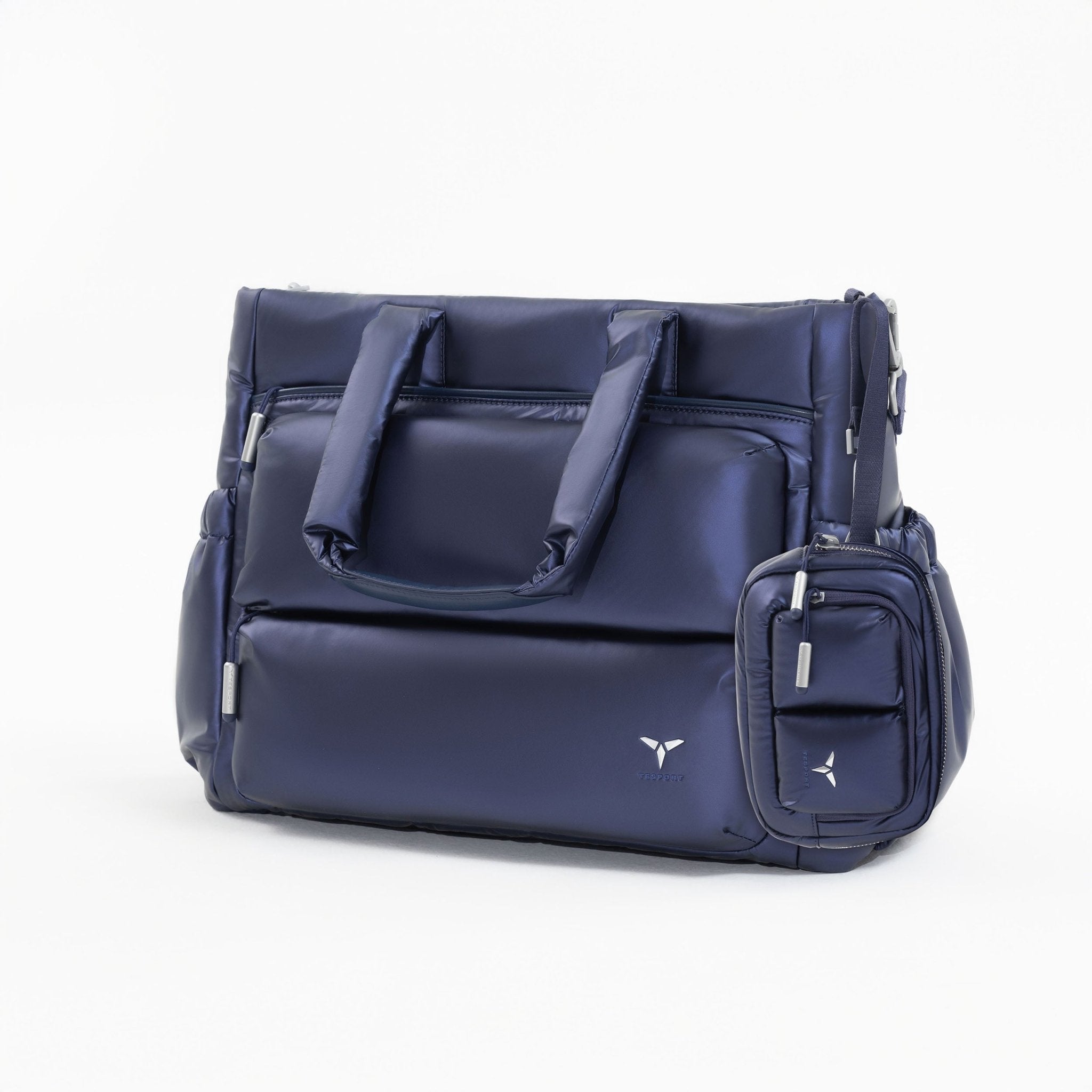 Tesport Cloud Tote in Navy angled view with accessories