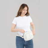 Tesport Cloud Crossbody Belt Bag in White female model unzipping