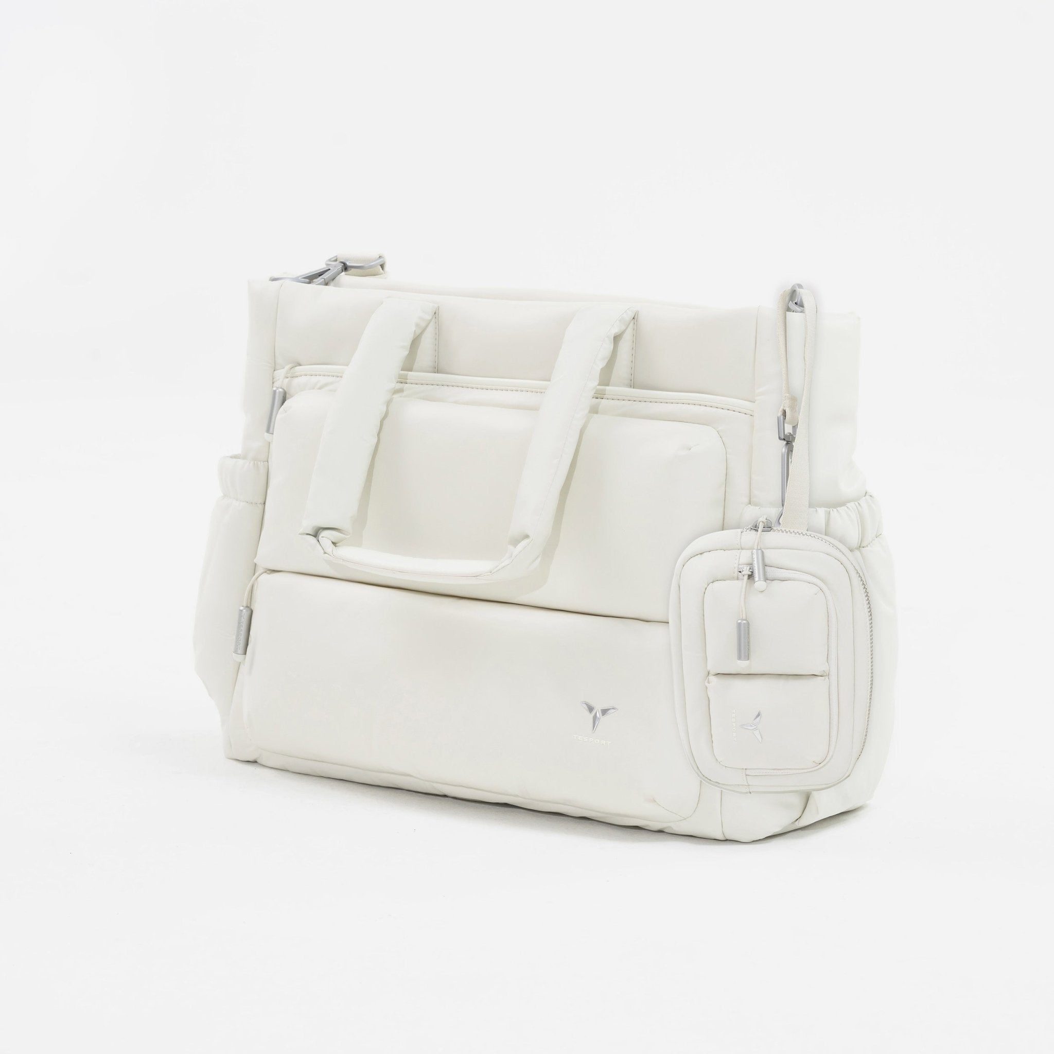 Tesport Cloud Tote in White angled view with accessories